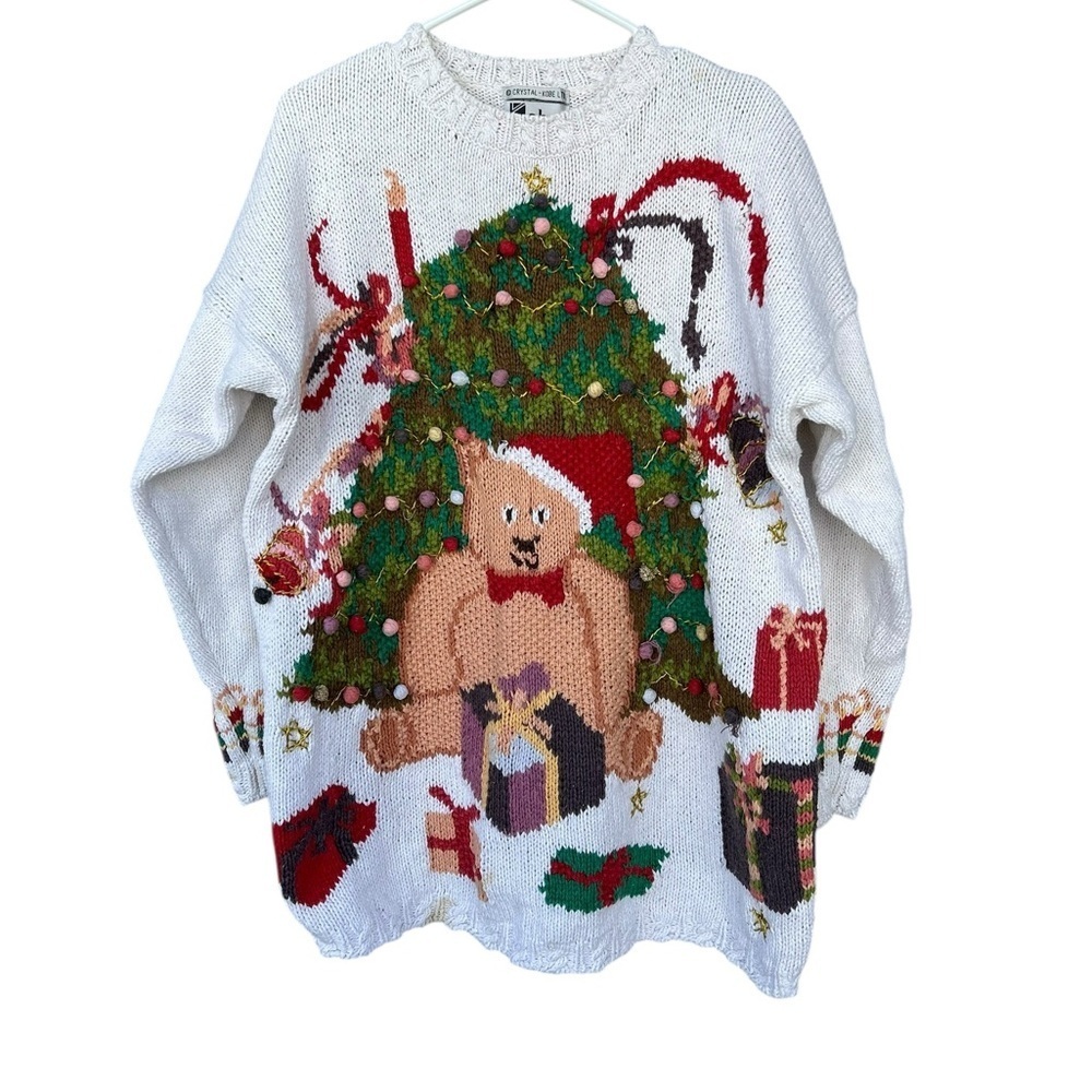 Vintage 80’s Crystal Kobe Christmas Teddy Bear Sweater - Size Large Women’s - Picture 3 of 12